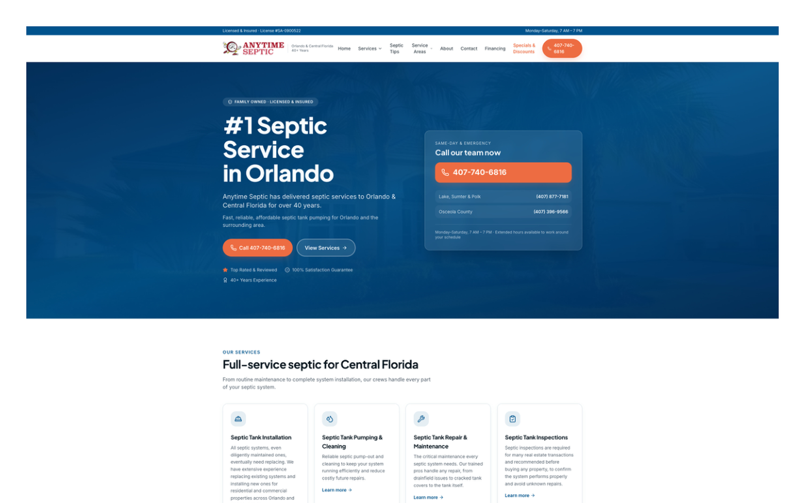 Anytime Septic homepage after Brandswaggin redesign